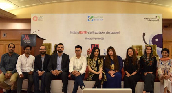 Media Matters for Democracy: New ways to fight online attacks on women in Pakistan. Image: Group picture taken during Muavin’s launch.